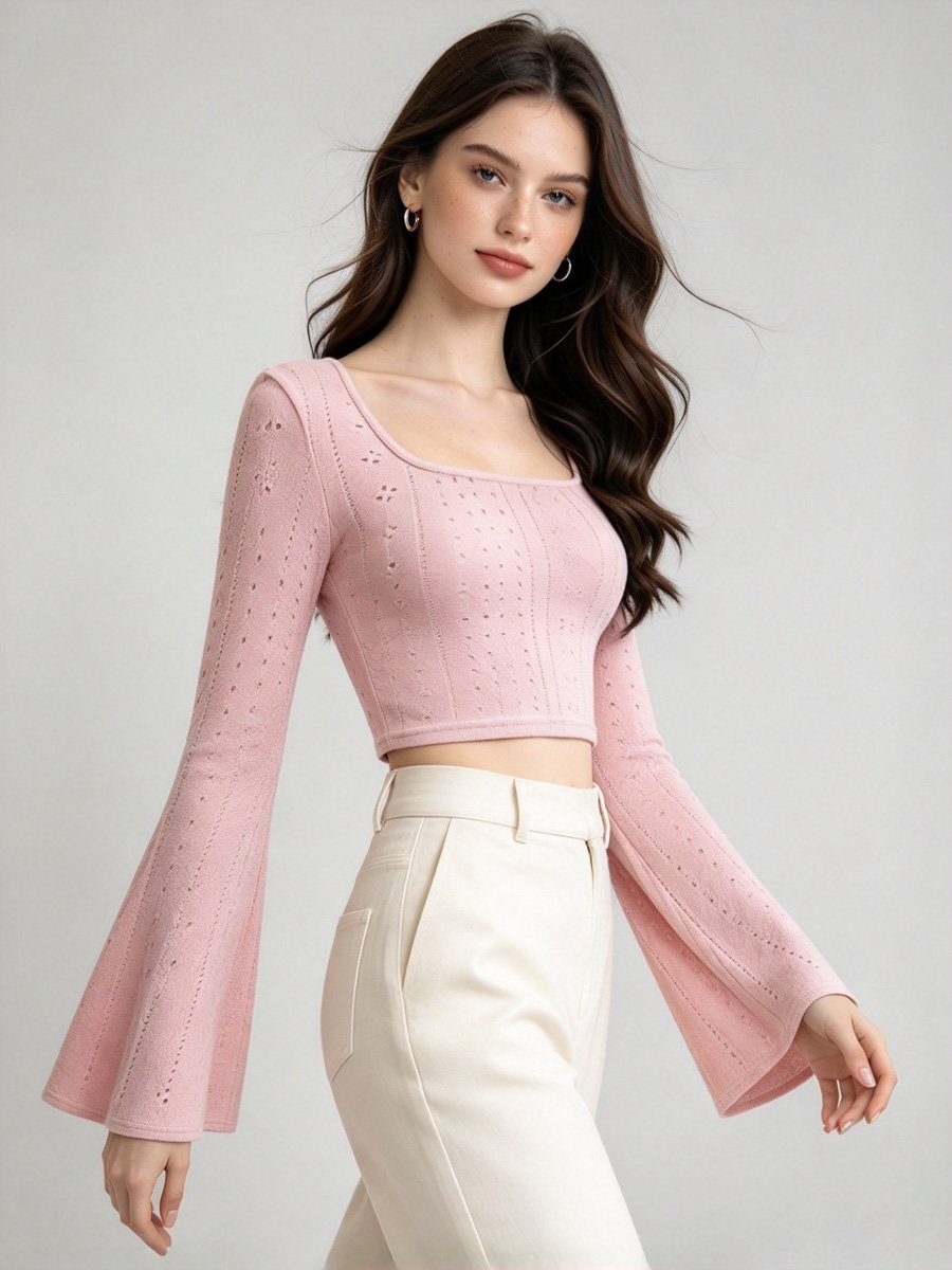 Light Pink Eyelet Knit Crop Top with Bell Sleeves