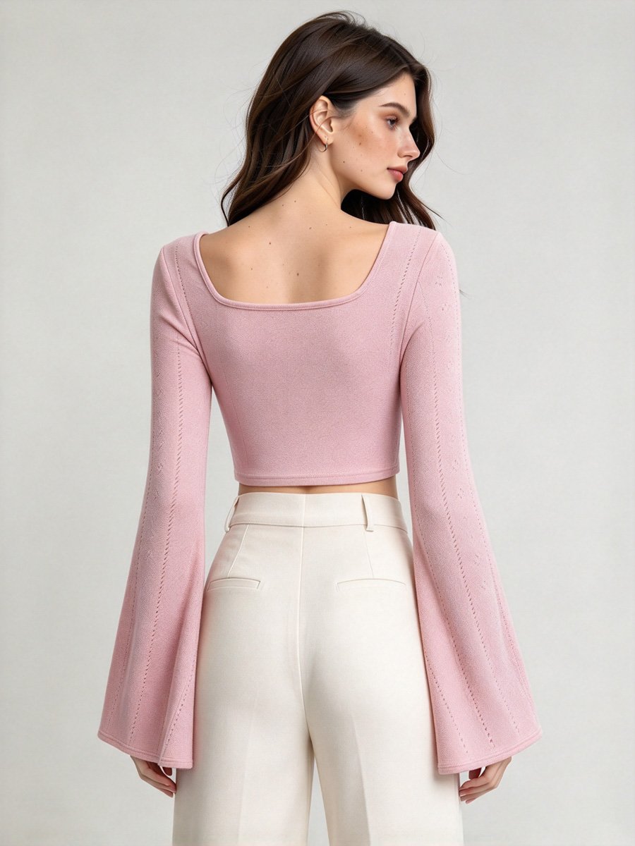 Light Pink Eyelet Knit Crop Top with Bell Sleeves