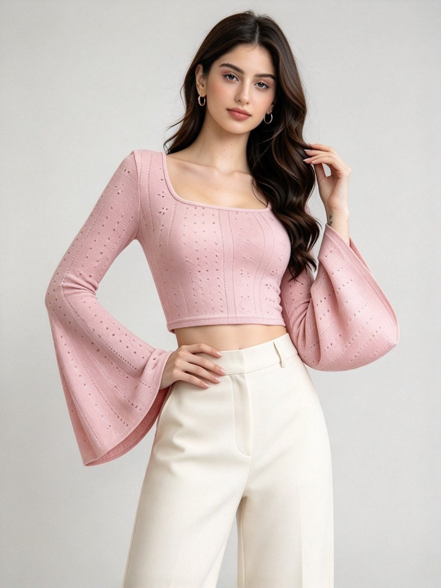 Light Pink Eyelet Knit Crop Top with Bell Sleeves