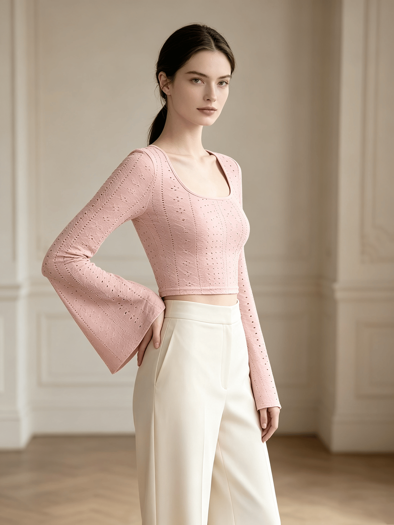 Light Pink Eyelet Knit Crop Top with Bell Sleeves