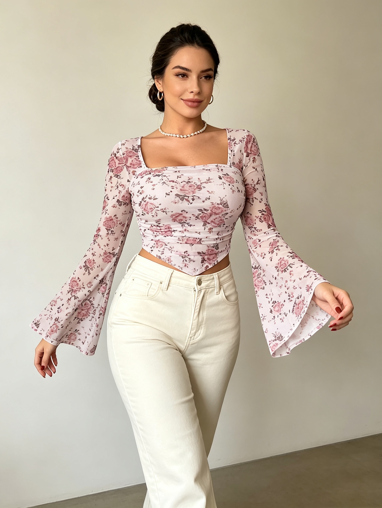Multi-Color Floral Print Square Neck Mesh Top with Bell Sleeves