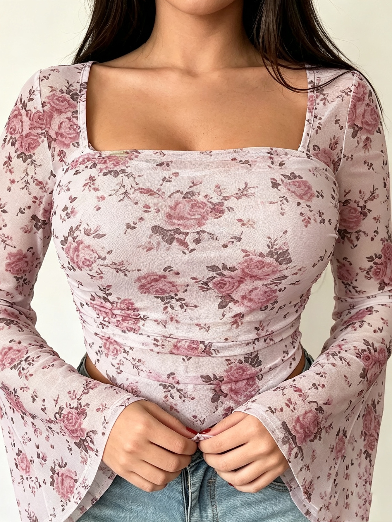 Multi-Color Floral Print Square Neck Mesh Top with Bell Sleeves
