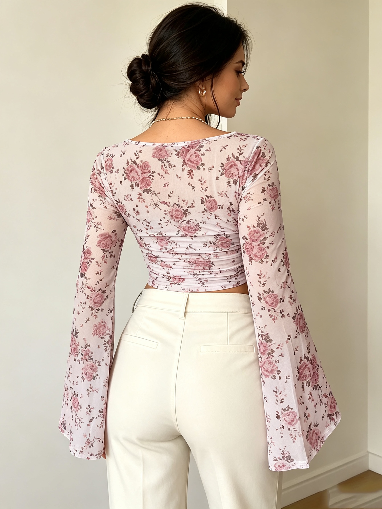 Multi-Color Floral Print Square Neck Mesh Top with Bell Sleeves