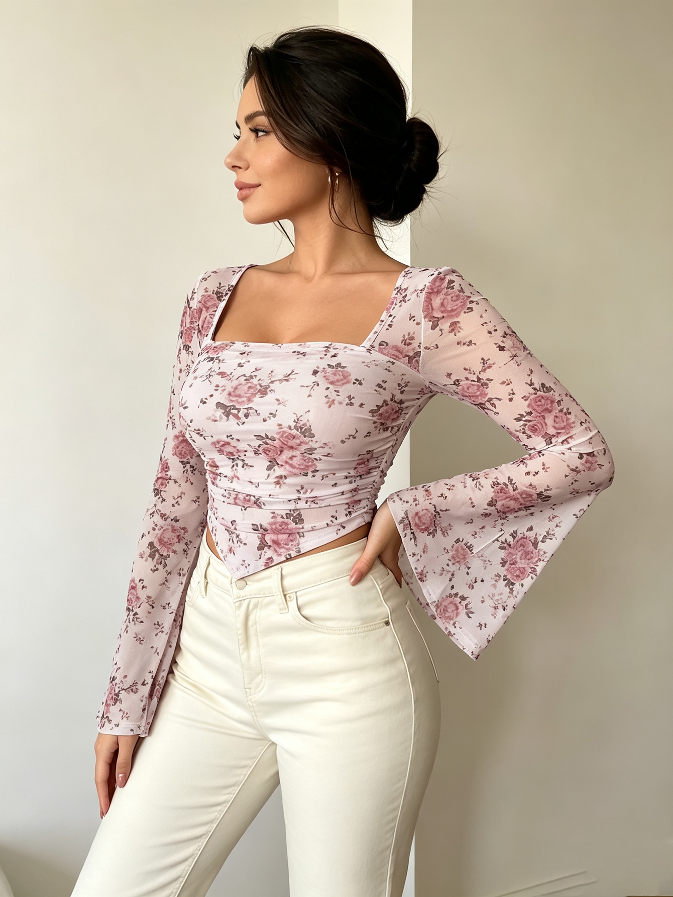 Multi-Color Floral Print Square Neck Mesh Top with Bell Sleeves