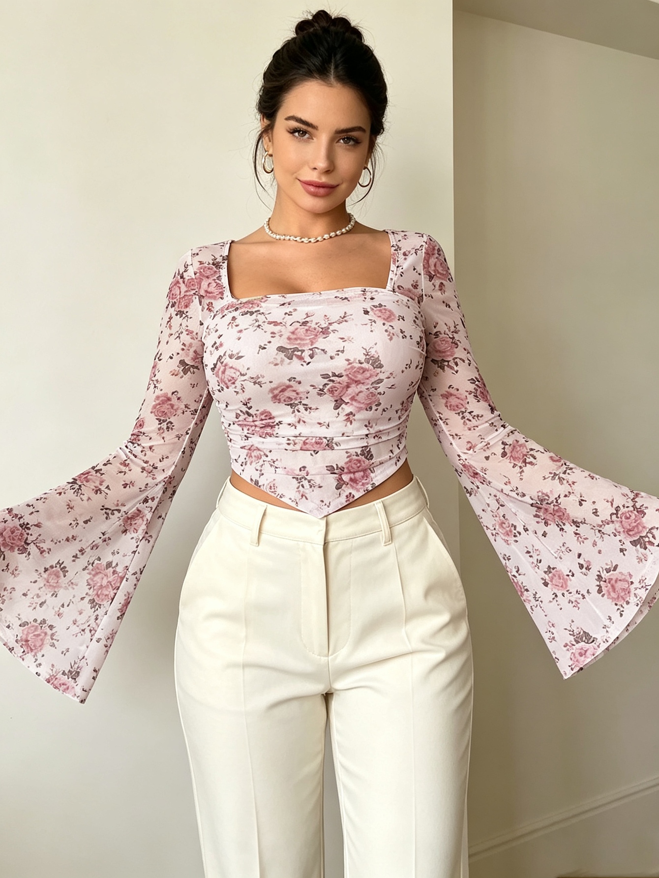 Multi-Color Floral Print Square Neck Mesh Top with Bell Sleeves