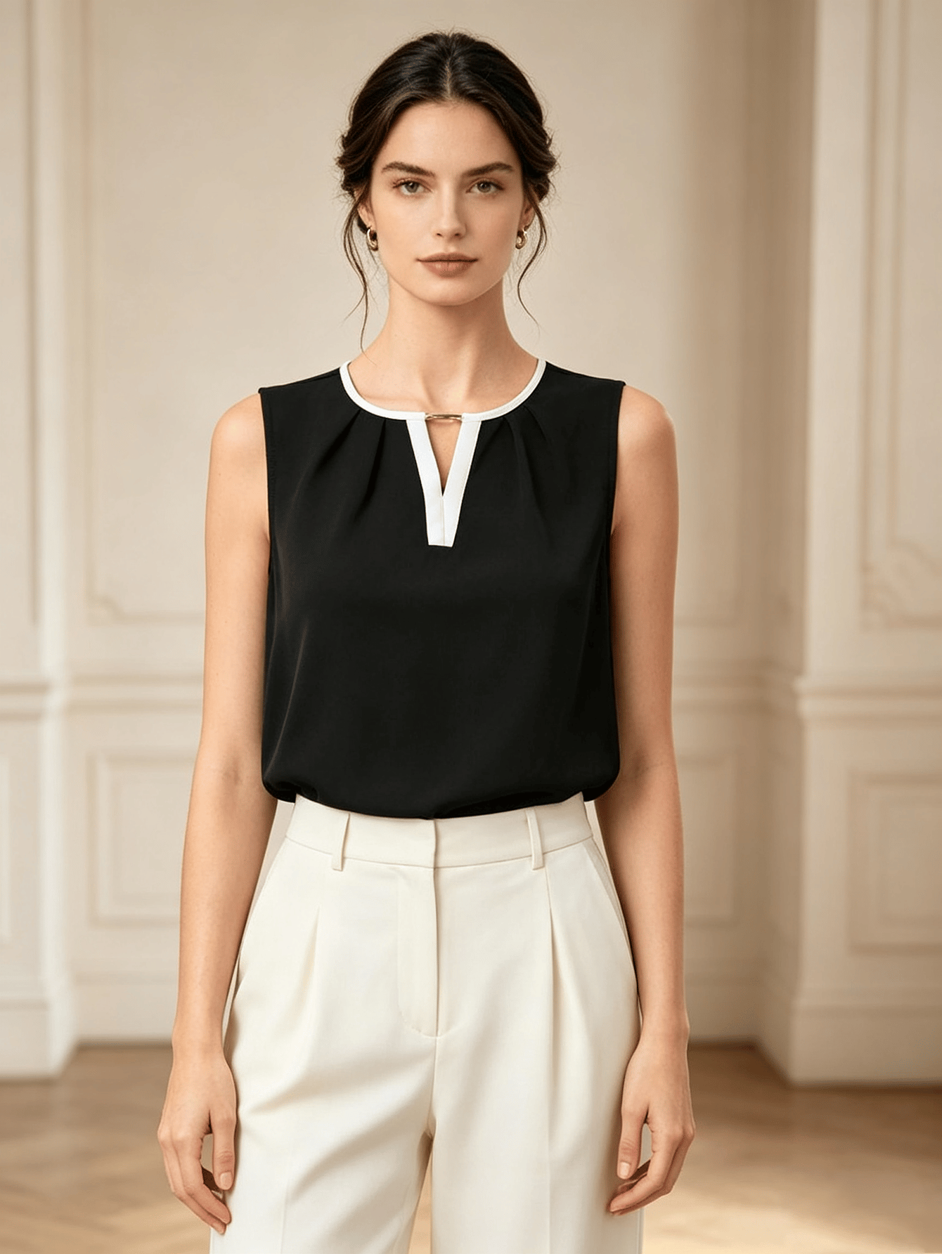 Black Sleeveless V-Neck Top with White Trim