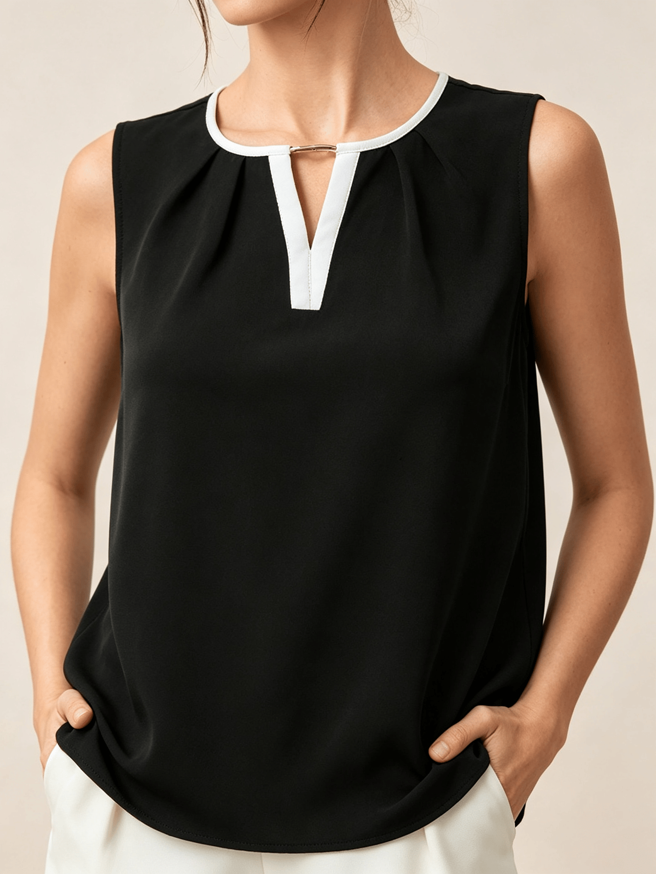 Black Sleeveless V-Neck Top with White Trim