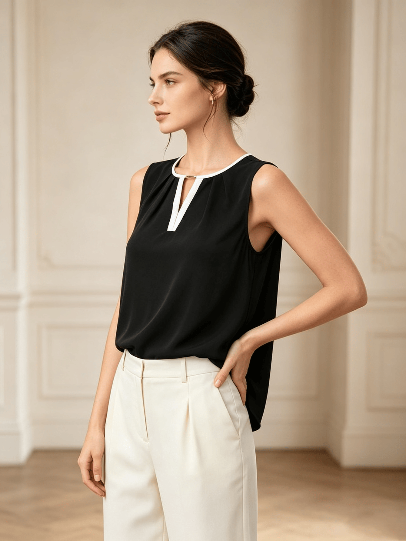 Black Sleeveless V-Neck Top with White Trim