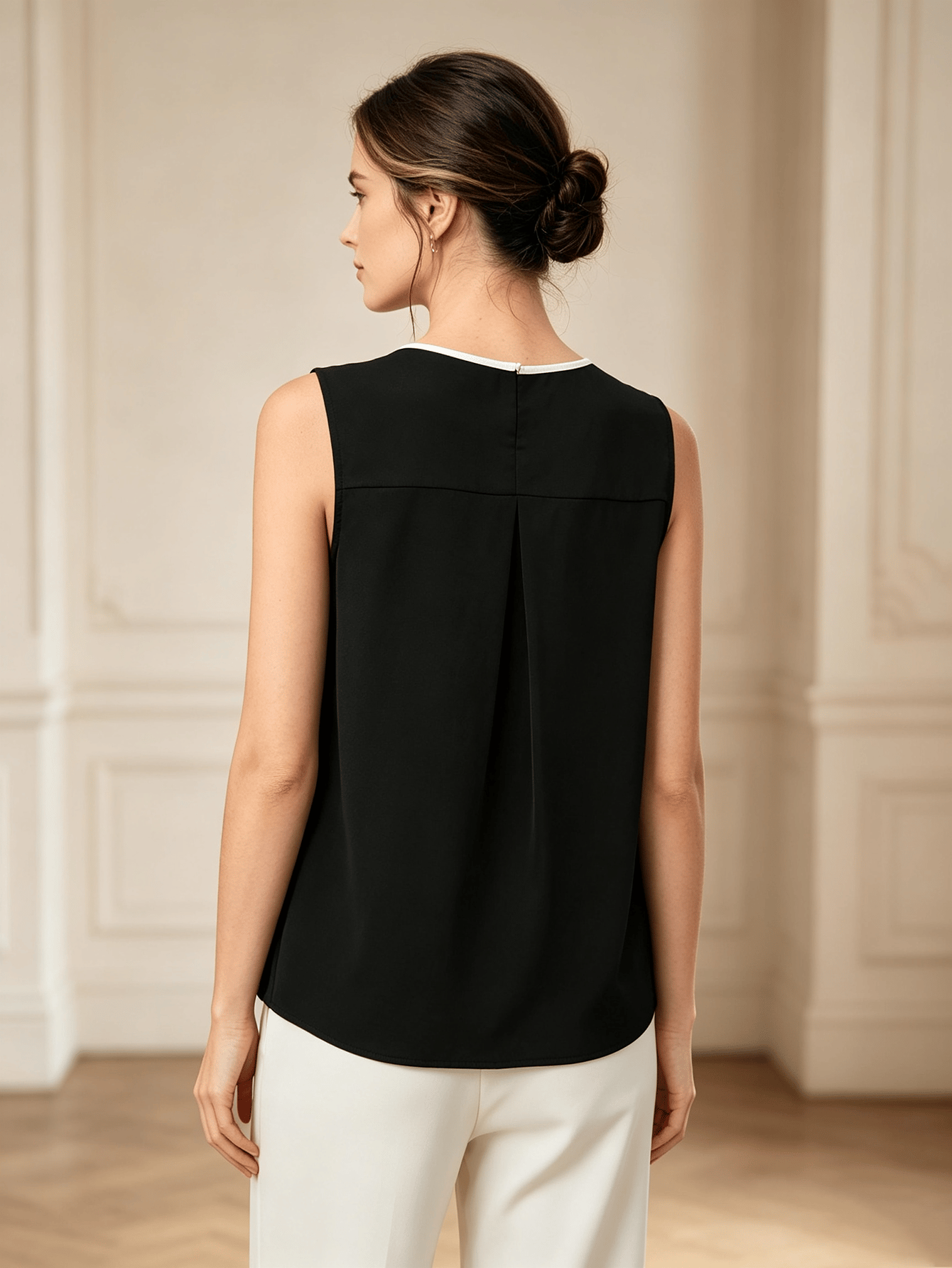 Black Sleeveless V-Neck Top with White Trim