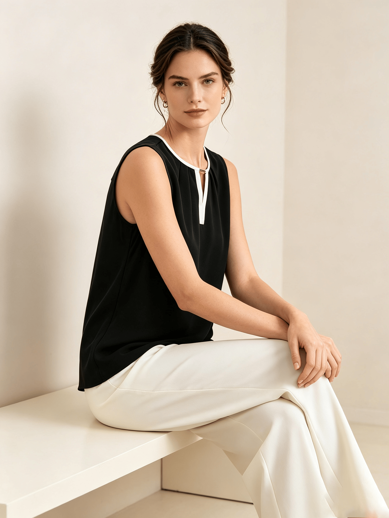 Black Sleeveless V-Neck Top with White Trim