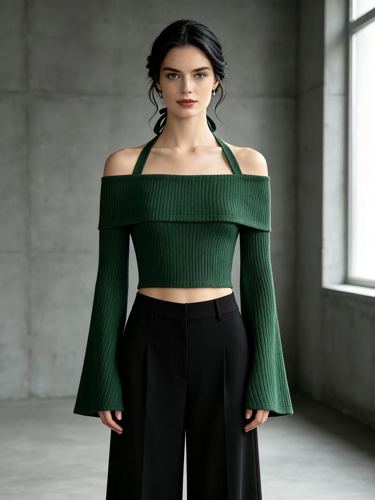 Dark Green Ribbed Halter Off-Shoulder Crop Top