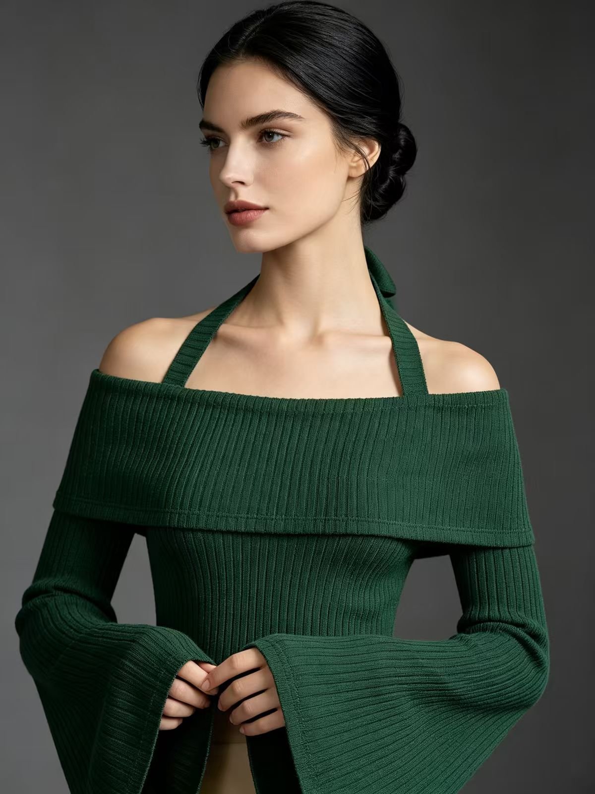Dark Green Ribbed Halter Off-Shoulder Crop Top