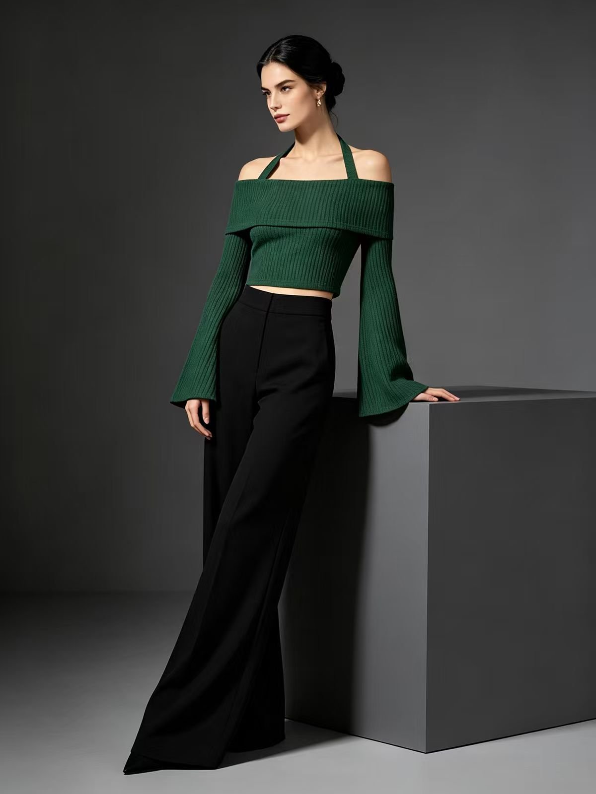 Dark Green Ribbed Halter Off-Shoulder Crop Top