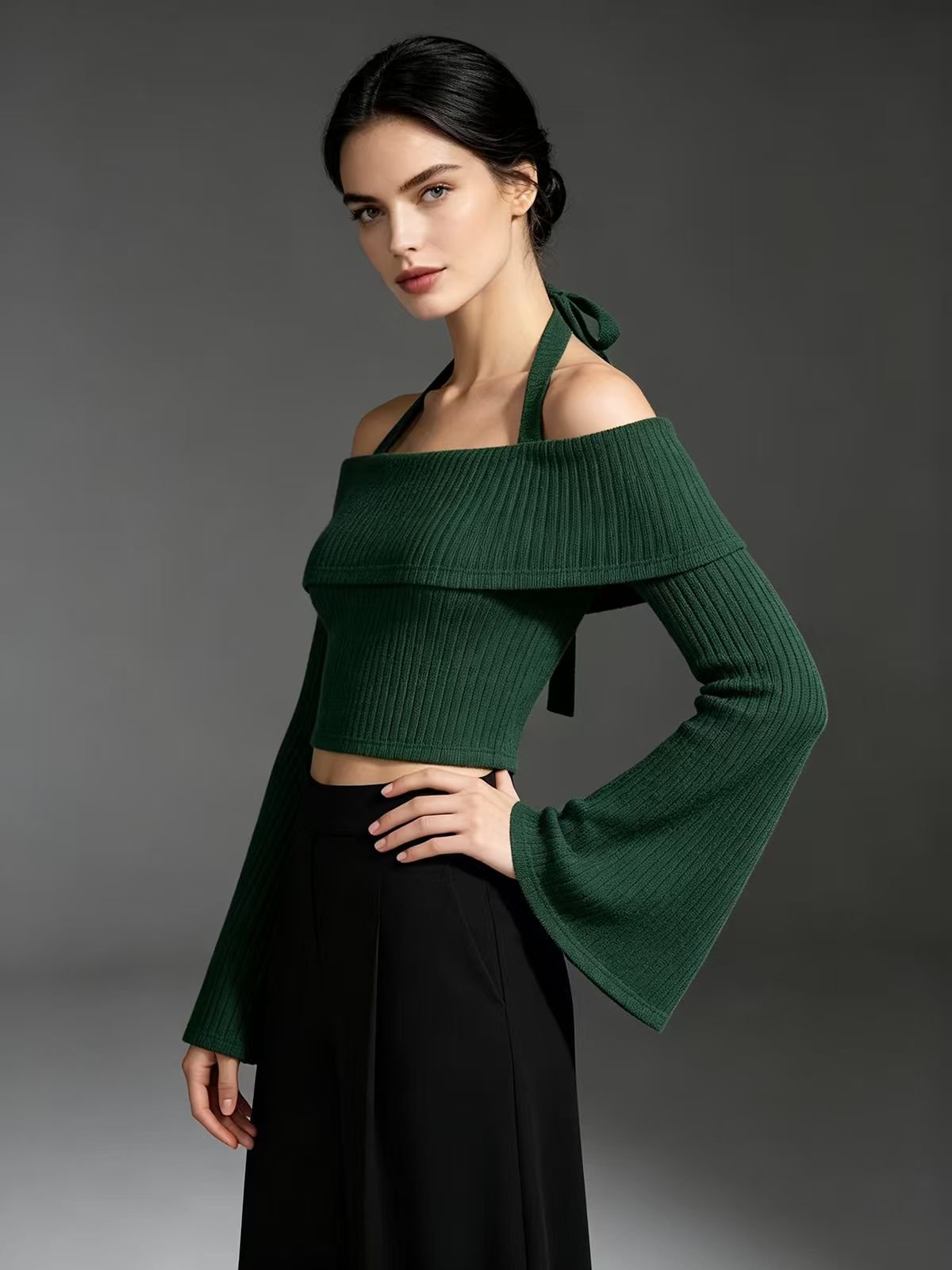 Dark Green Ribbed Halter Off-Shoulder Crop Top