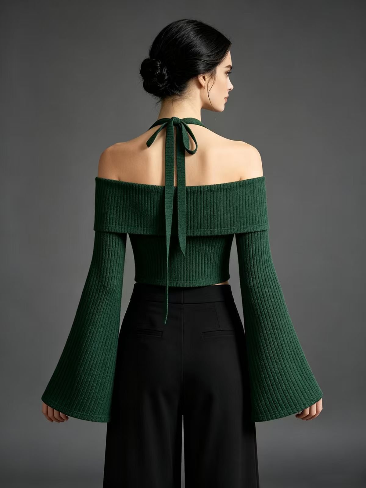 Dark Green Ribbed Halter Off-Shoulder Crop Top