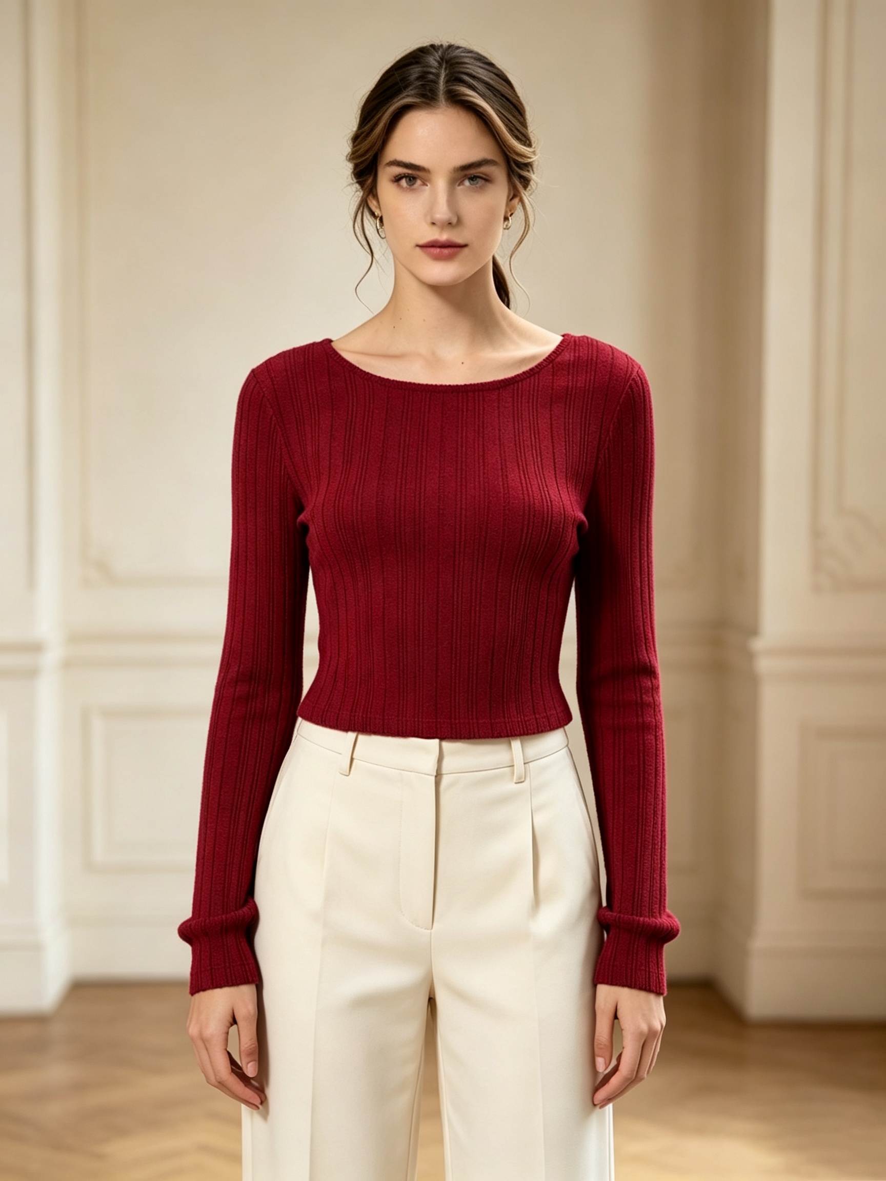 Burgundy Ribbed Knit Long Sleeve Crop Top