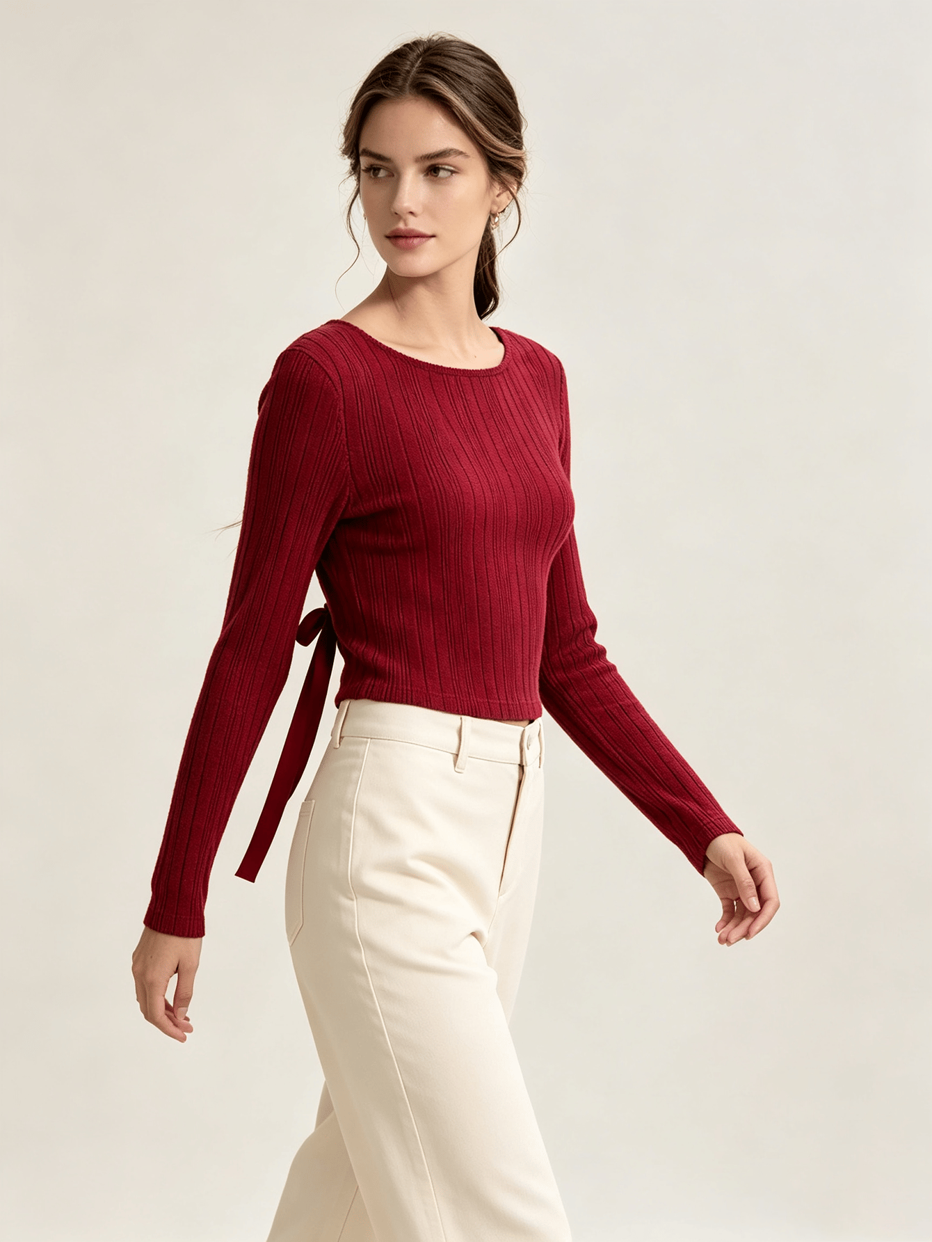 Burgundy Ribbed Knit Long Sleeve Crop Top