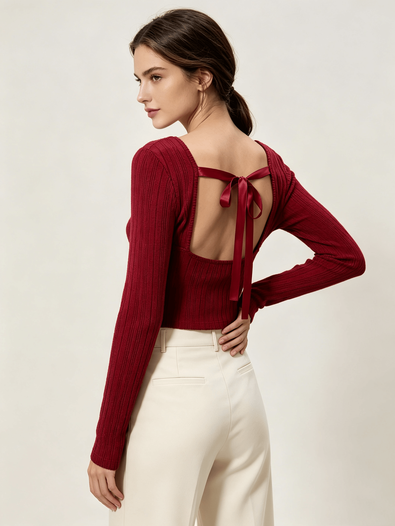 Burgundy Ribbed Knit Long Sleeve Crop Top