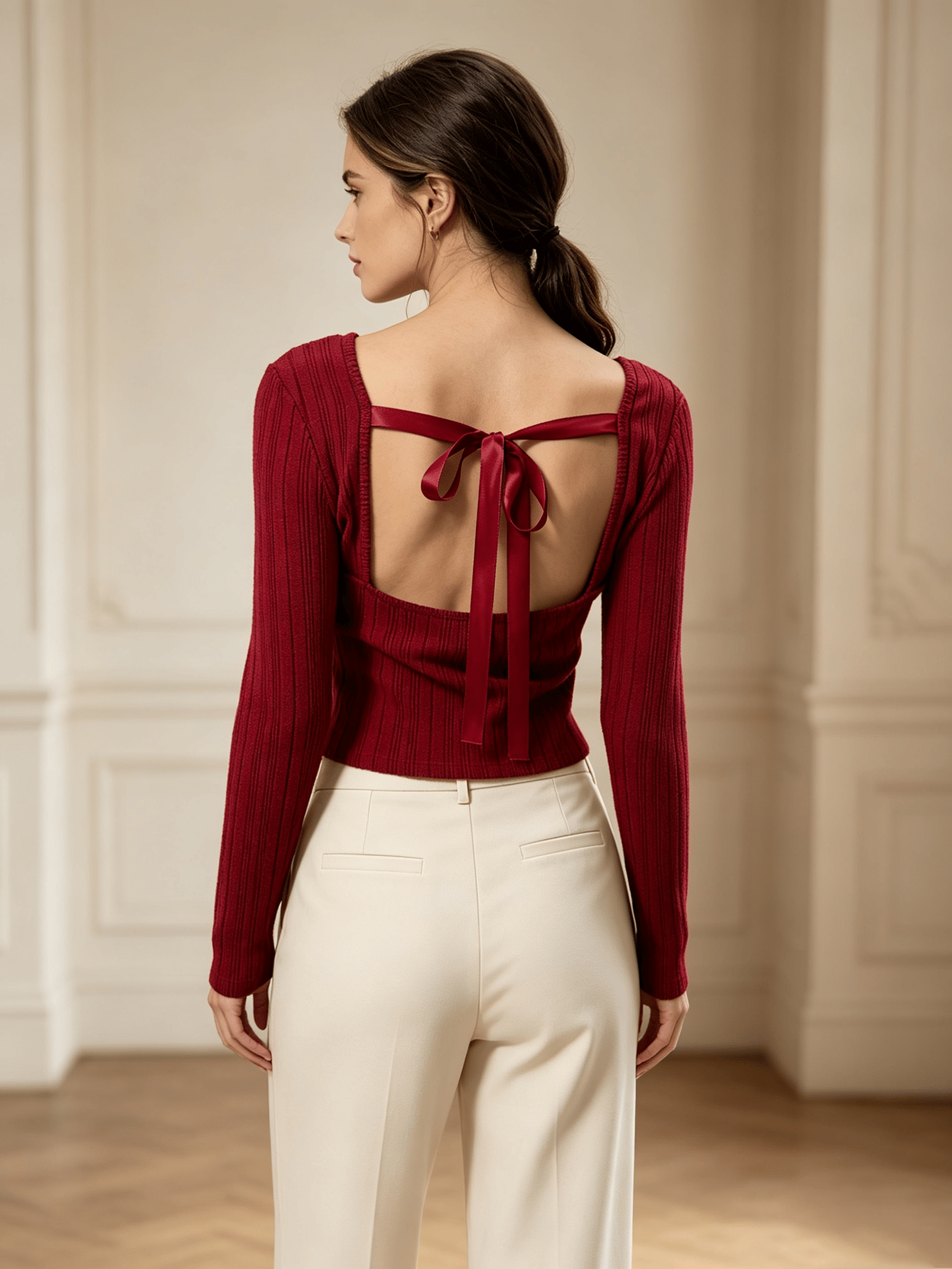 Burgundy Ribbed Knit Long Sleeve Crop Top