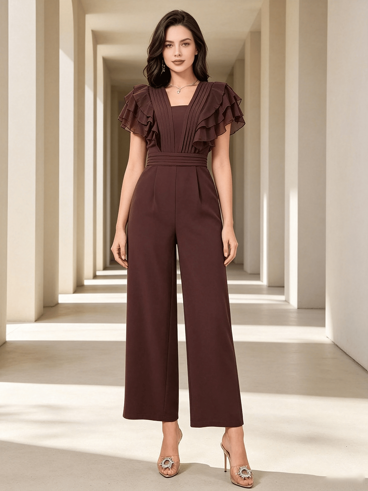 Coffee Brown Ruffle Sleeve Wide-Leg Jumpsuit