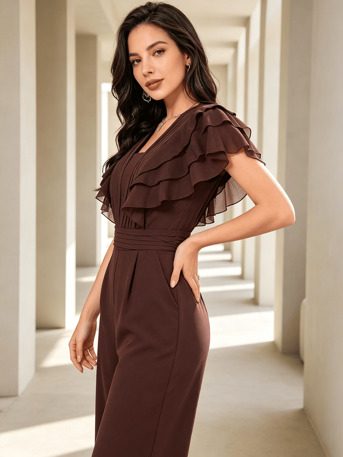 Coffee Brown Ruffle Sleeve Wide-Leg Jumpsuit
