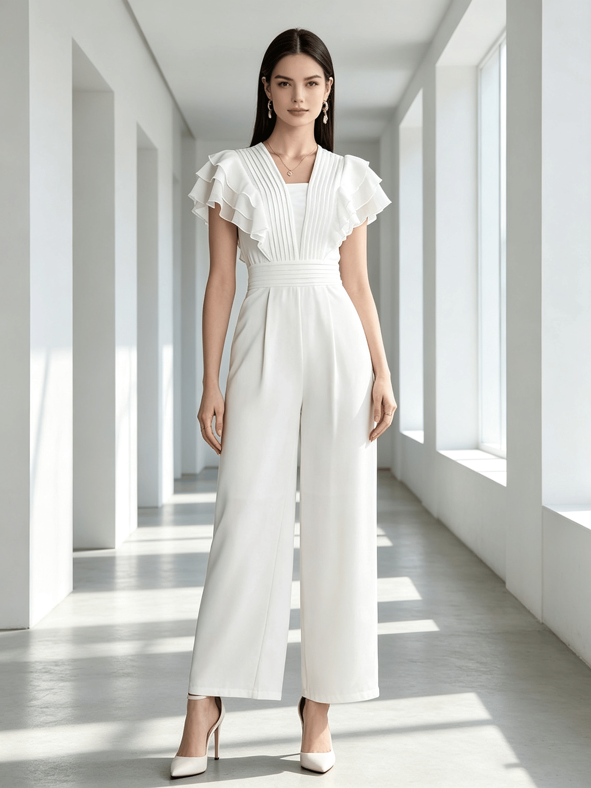 White Wide-Leg Jumpsuit with Ruffle Sleeves