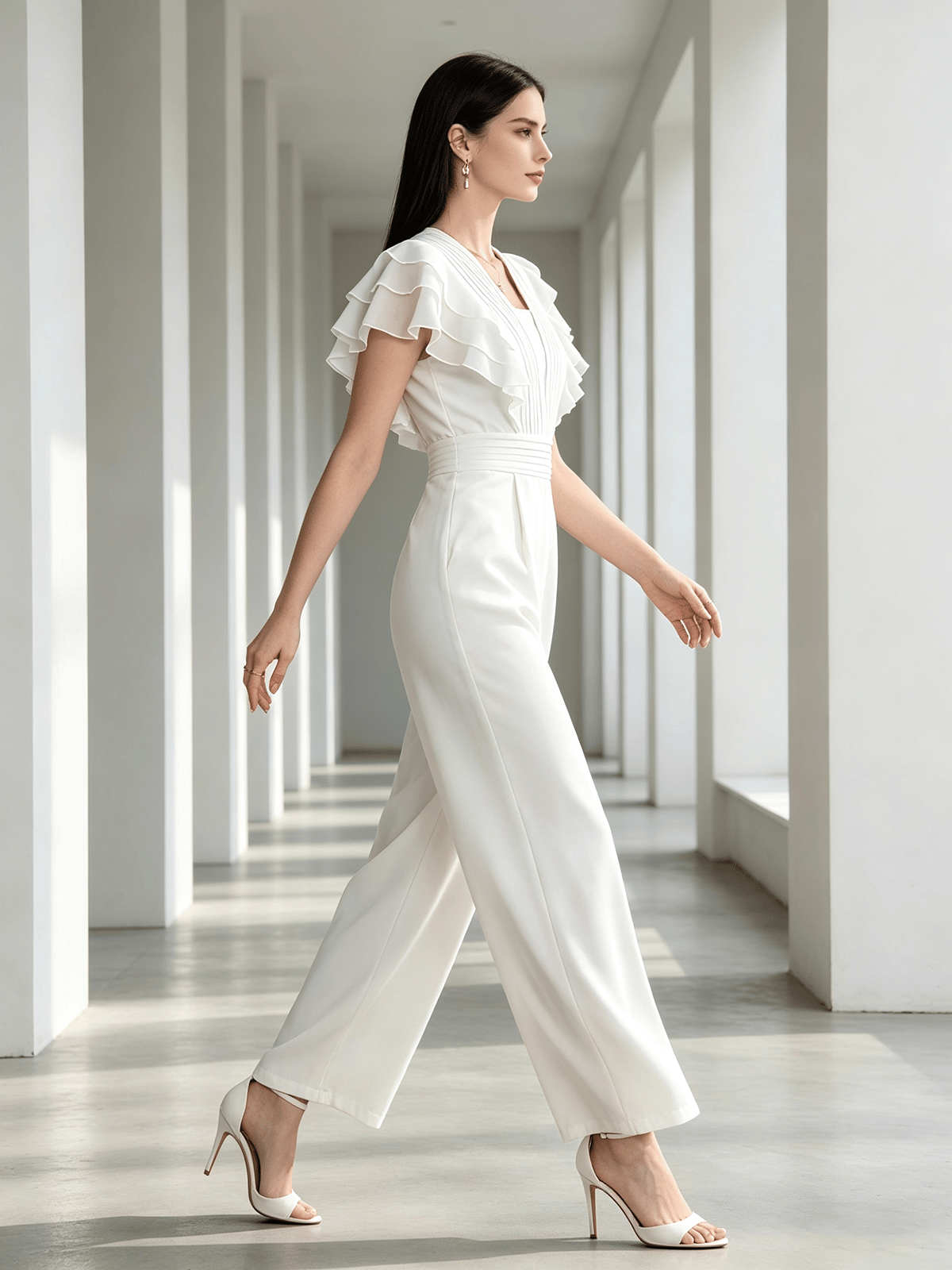 White Wide-Leg Jumpsuit with Ruffle Sleeves
