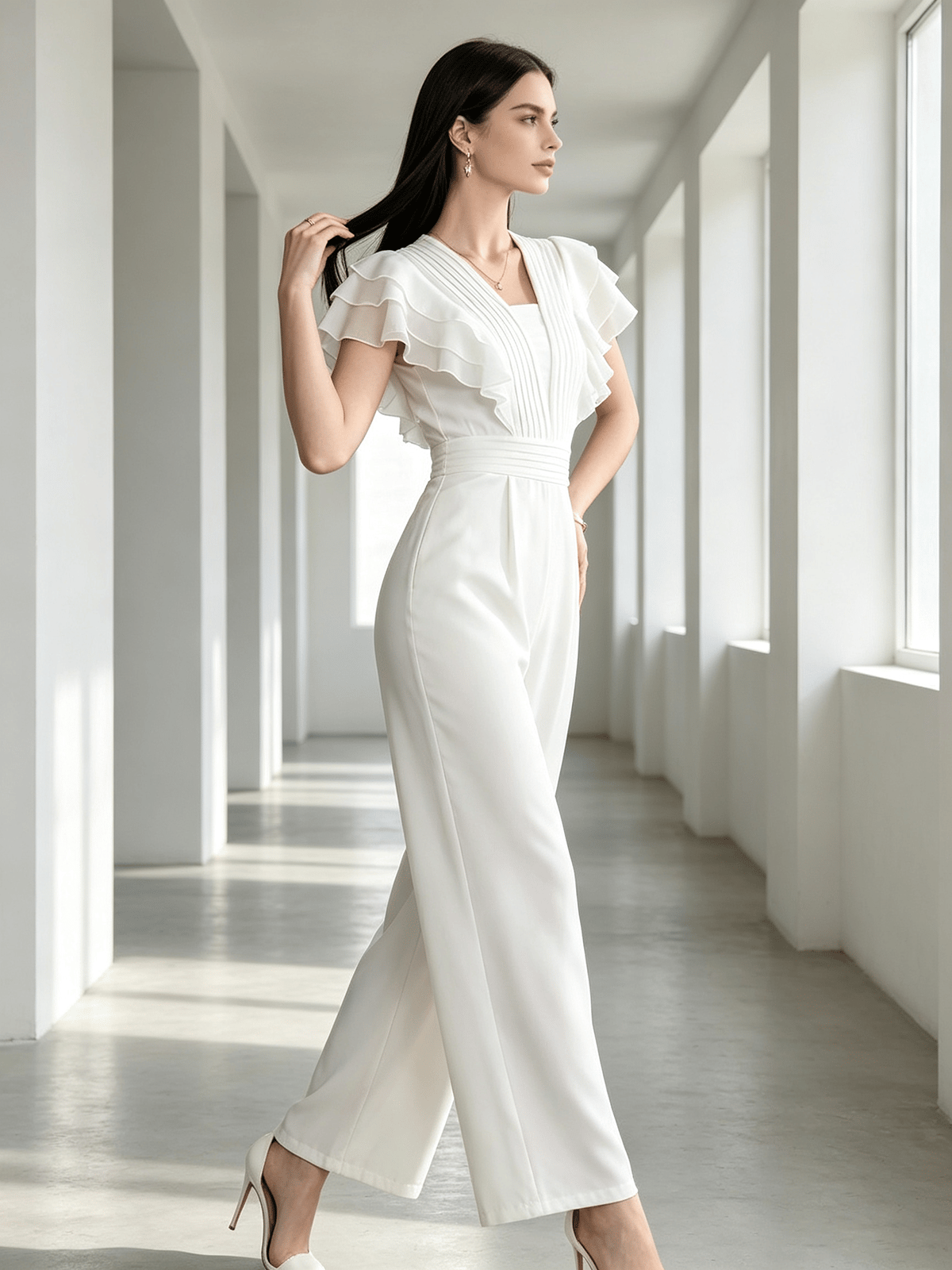 White Wide-Leg Jumpsuit with Ruffle Sleeves