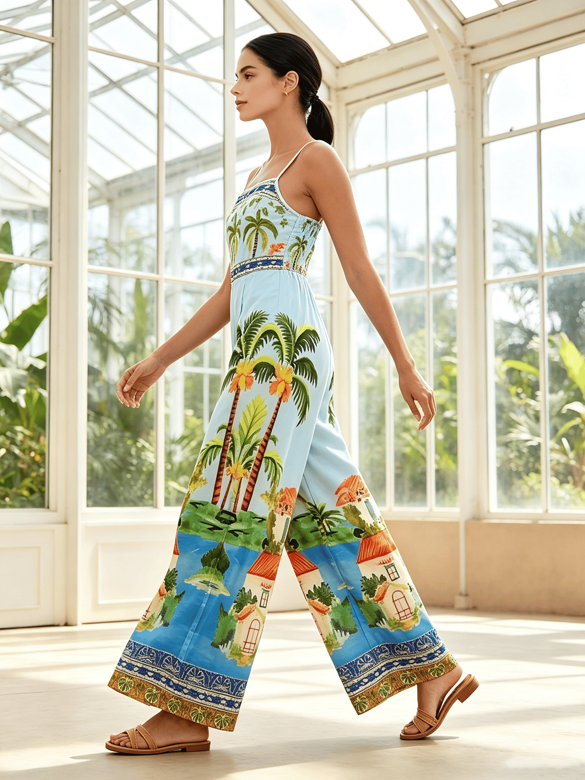 Tropical Oasis Print Wide-Leg Jumpsuit