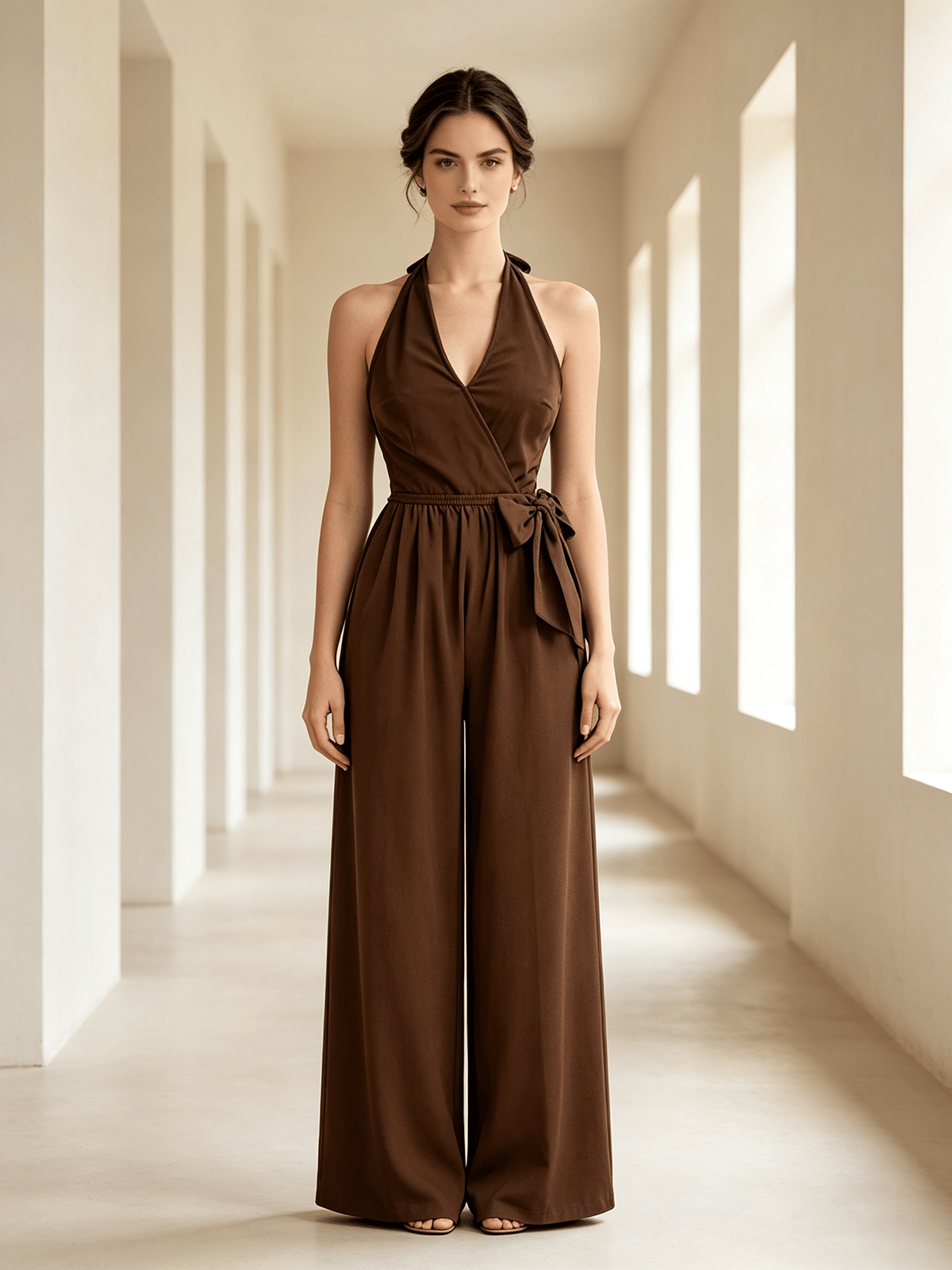 Brown Halter Neck Wide-Leg Jumpsuit with Tie-Waist