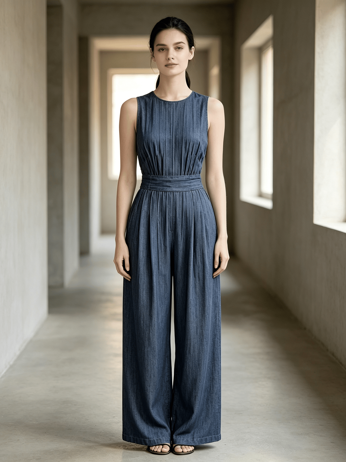 Blue Denim-Look Sleeveless Wide-Leg Jumpsuit