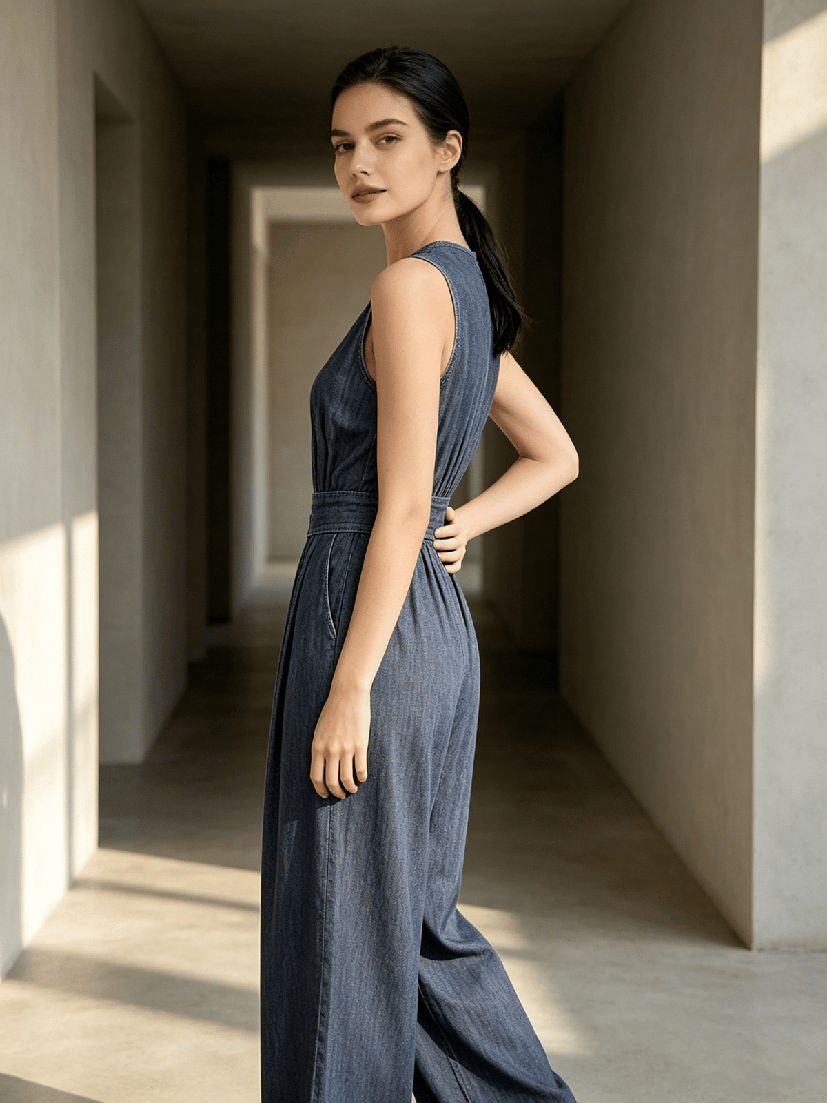 Blue Denim-Look Sleeveless Wide-Leg Jumpsuit