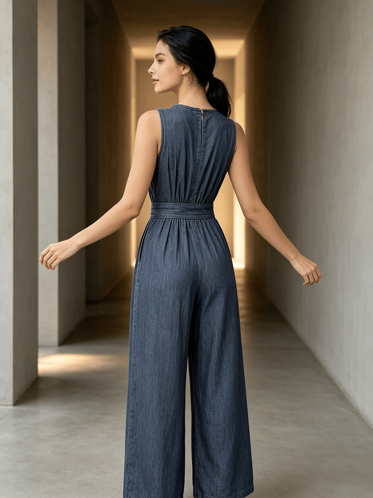 Blue Denim-Look Sleeveless Wide-Leg Jumpsuit