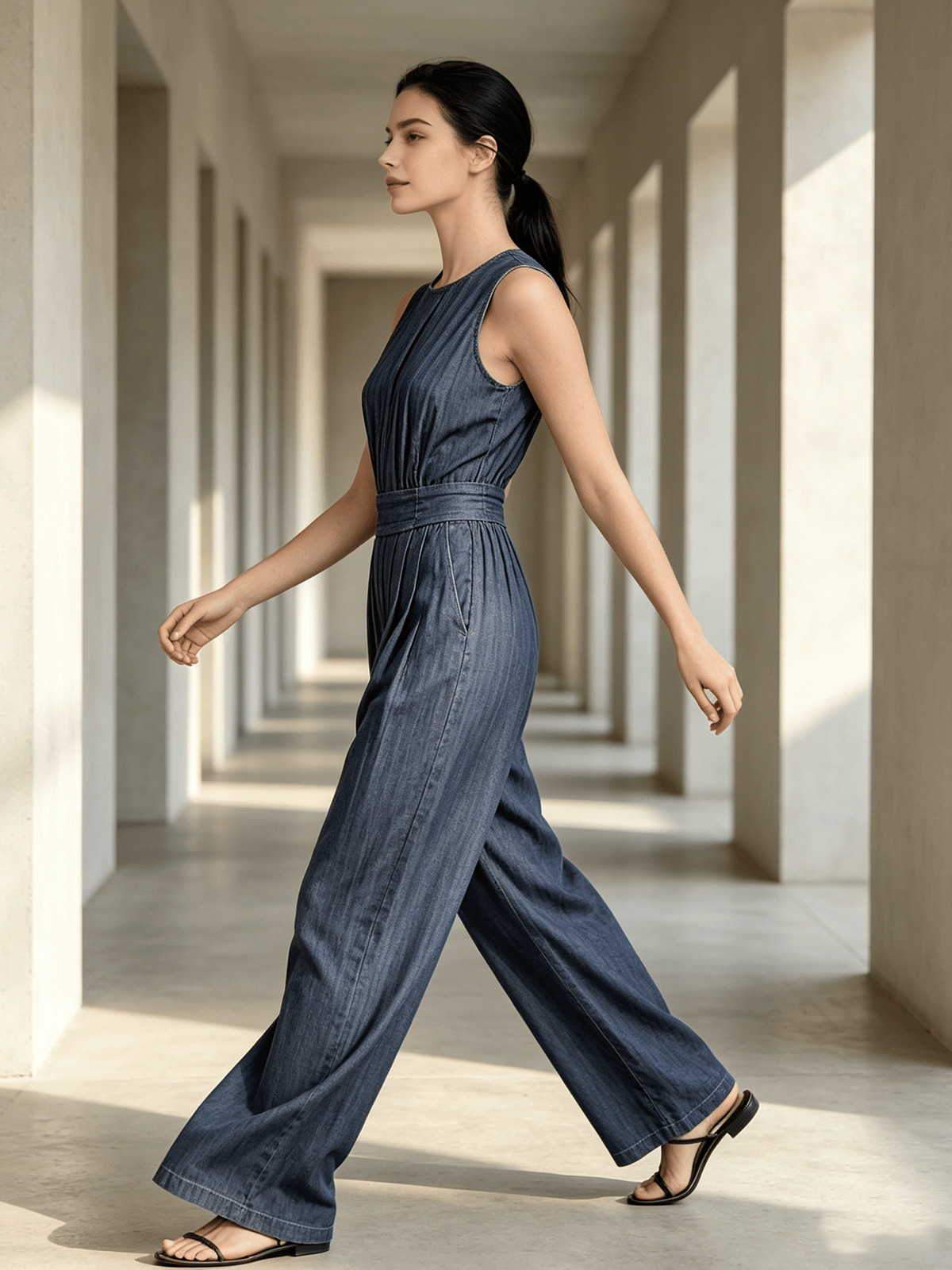 Blue Denim-Look Sleeveless Wide-Leg Jumpsuit