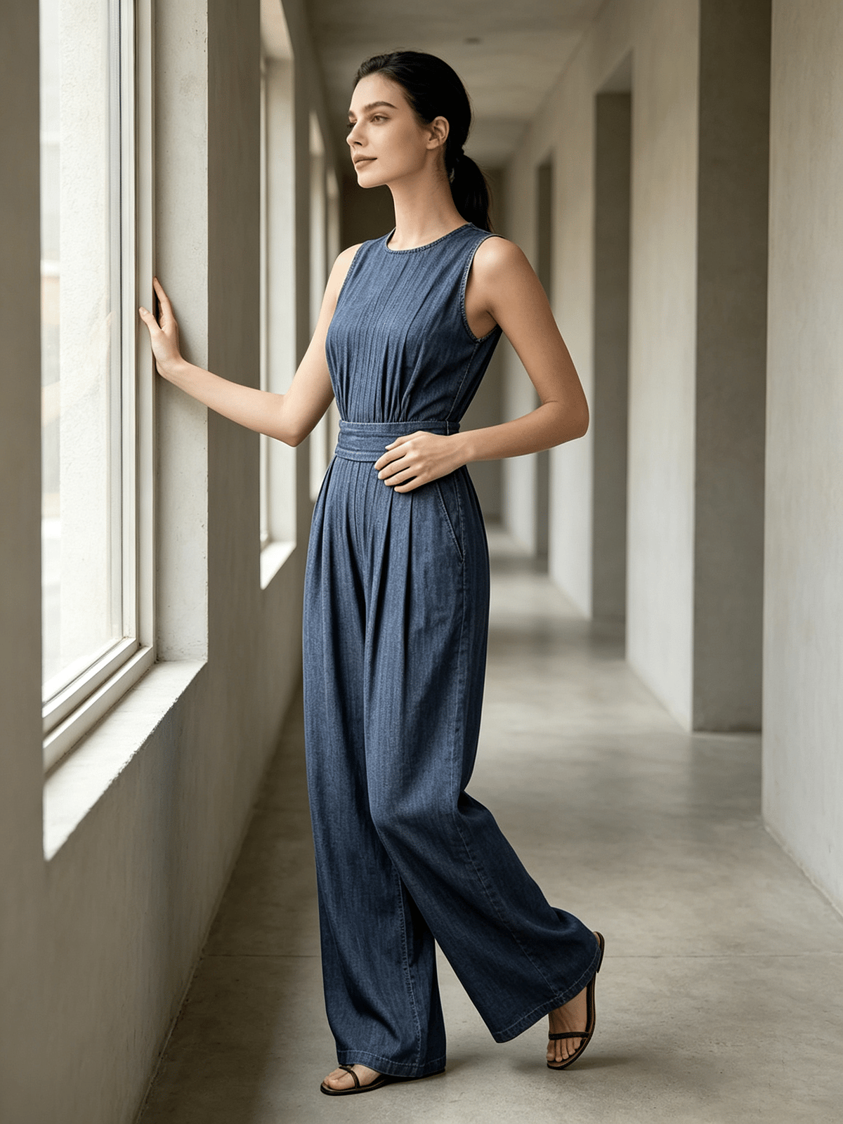 Blue Denim-Look Sleeveless Wide-Leg Jumpsuit