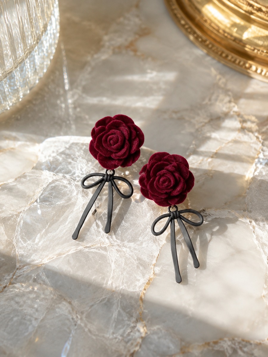 Burgundy Rose Ribbon Drop Earrings