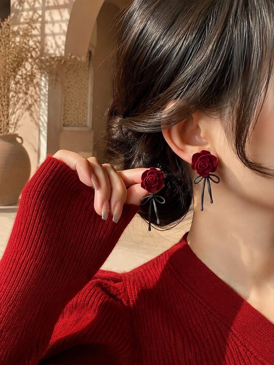 Burgundy Rose Ribbon Drop Earrings
