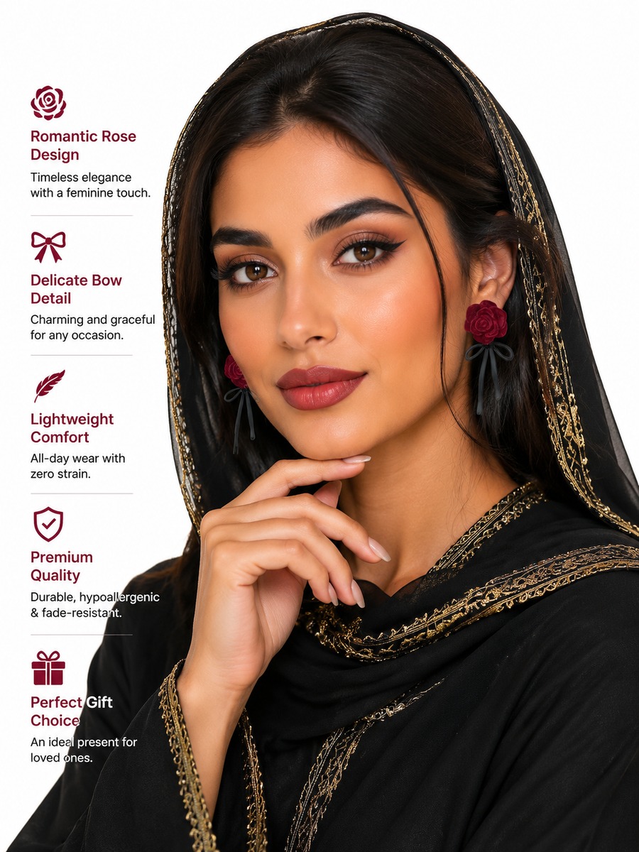 Burgundy Rose Ribbon Drop Earrings