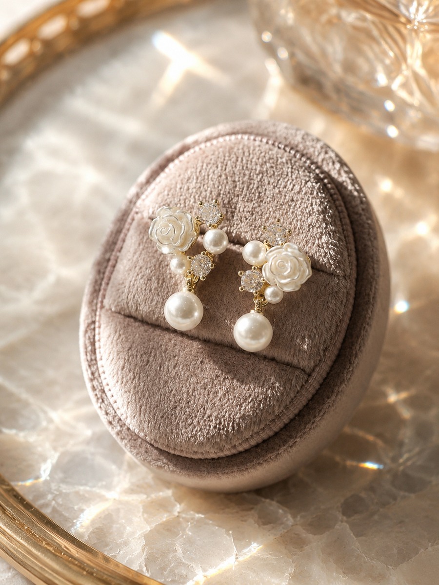 Cream Rose and Pearl Drop Earrings