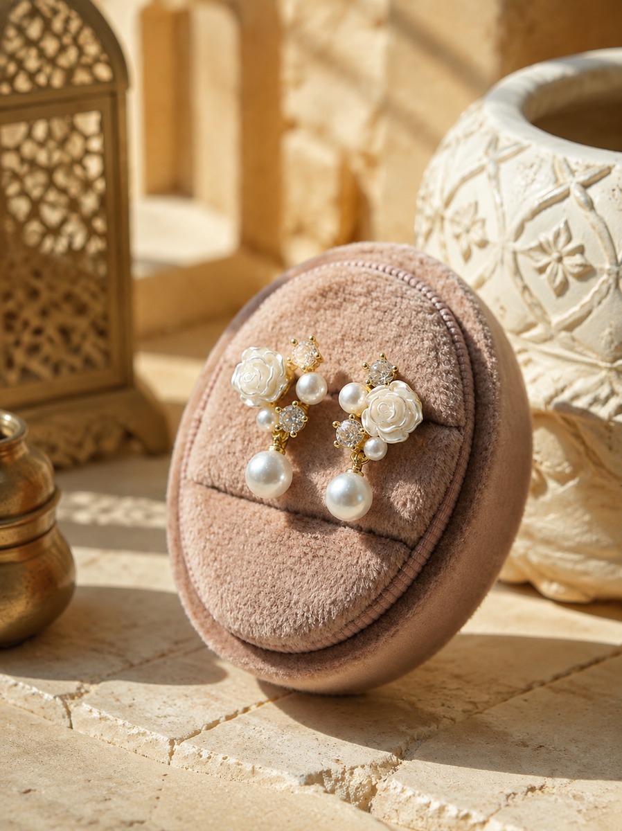 Cream Rose and Pearl Drop Earrings