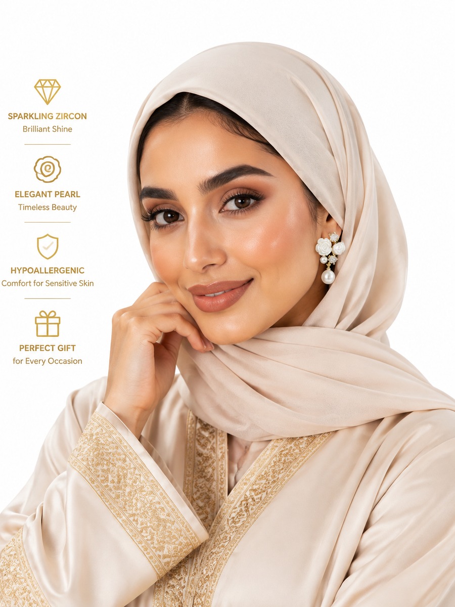 Cream Rose and Pearl Drop Earrings
