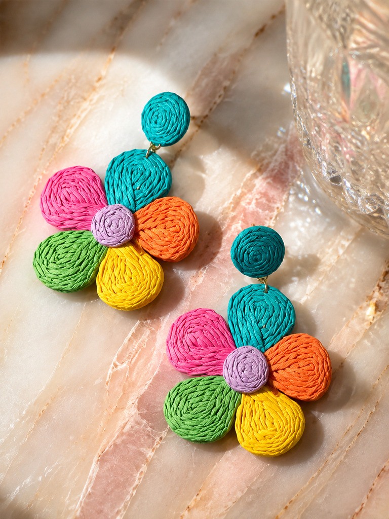 Colorful Raffia Flower Drop Earrings