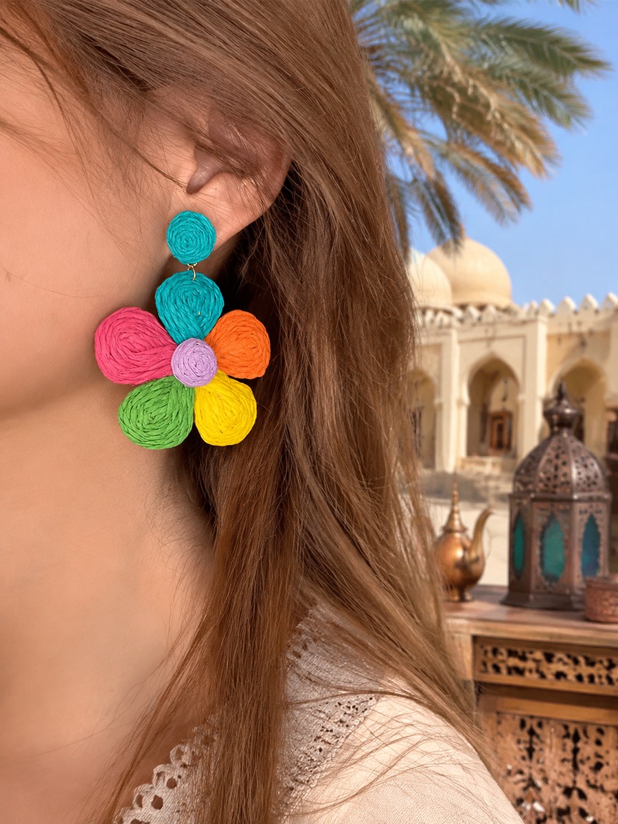 Colorful Raffia Flower Drop Earrings
