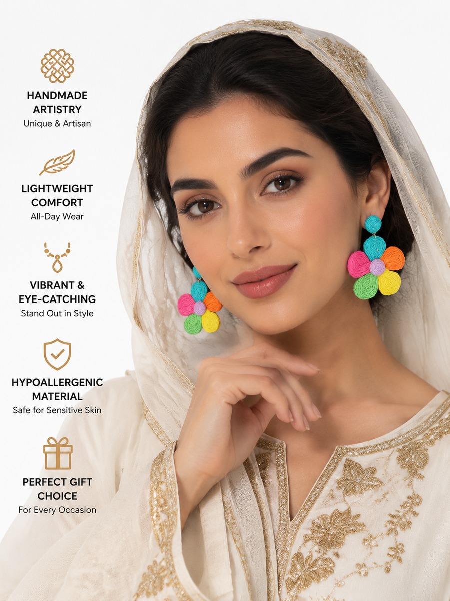 Colorful Raffia Flower Drop Earrings