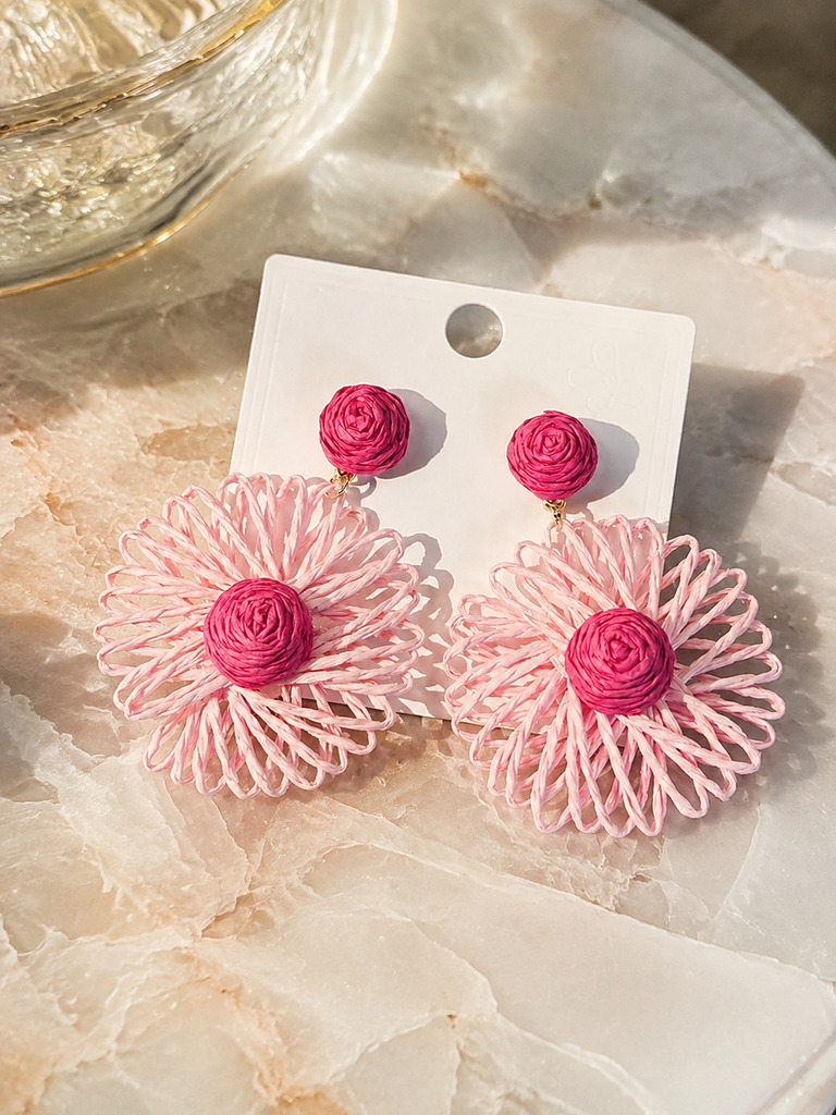 Pink Floral Raffia Drop Earrings