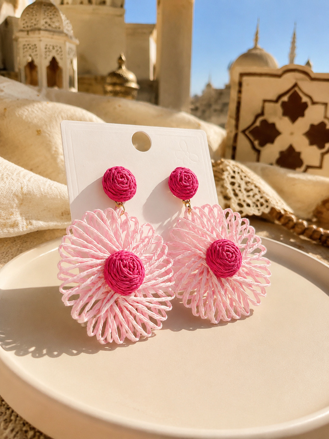 Pink Floral Raffia Drop Earrings