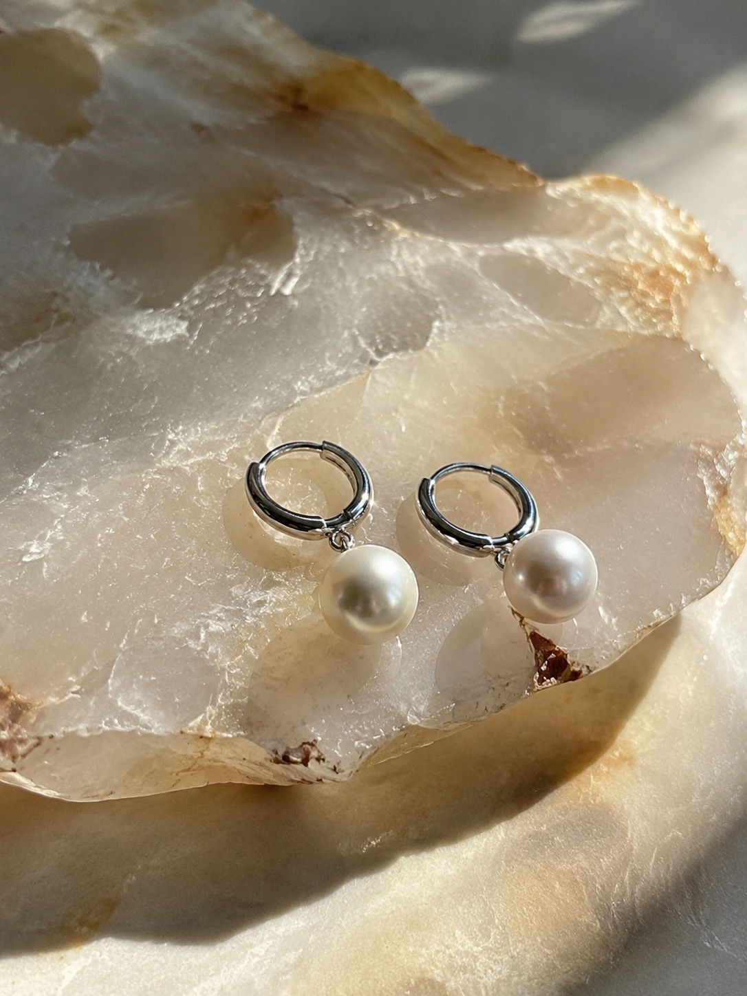 White Pearl Drop Hoop Earrings