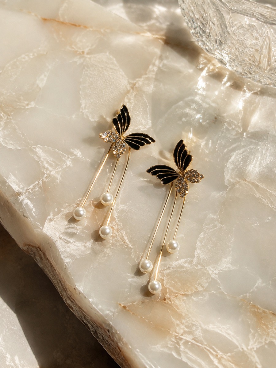 Black Butterfly Pearl Drop Earrings