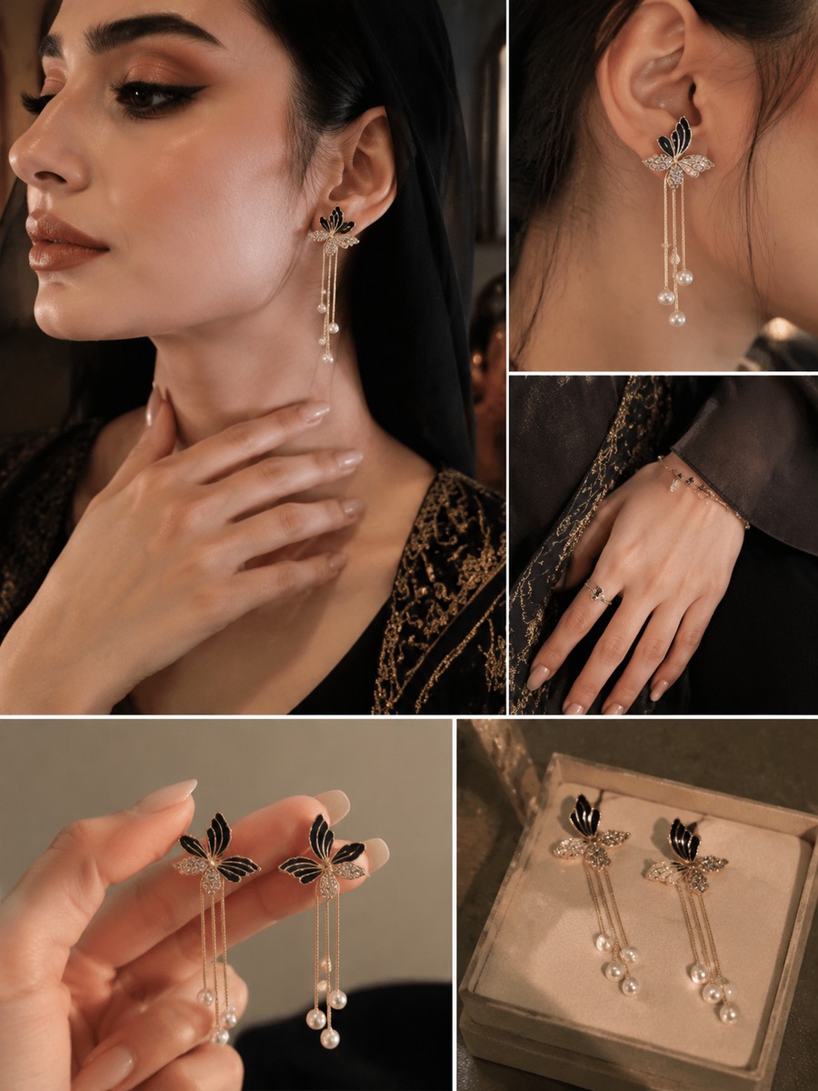 Black Butterfly Pearl Drop Earrings