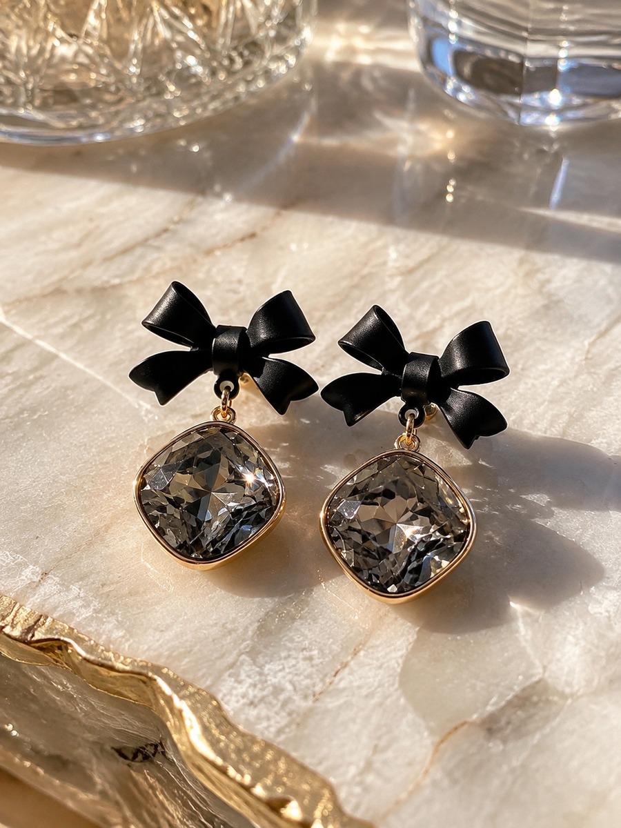 Black Bow Drop Earrings with Smoky Crystal